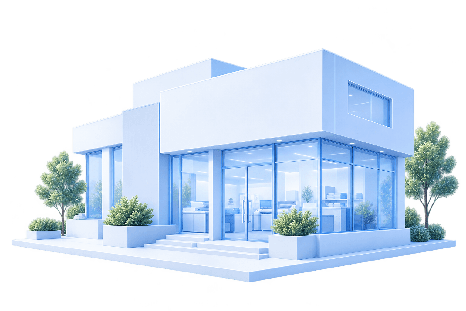 Modern print shop with a bright blue glass facade